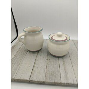Pfaltzgraff JUNIPER Creamer & Sugar Set Teal Blue Green & Purple Mauve Trim Lid